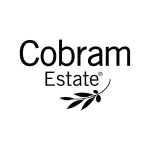 Cobram Estate logo with the wordmark and leafy olive icon in dark black tones on a solid rectangular background.