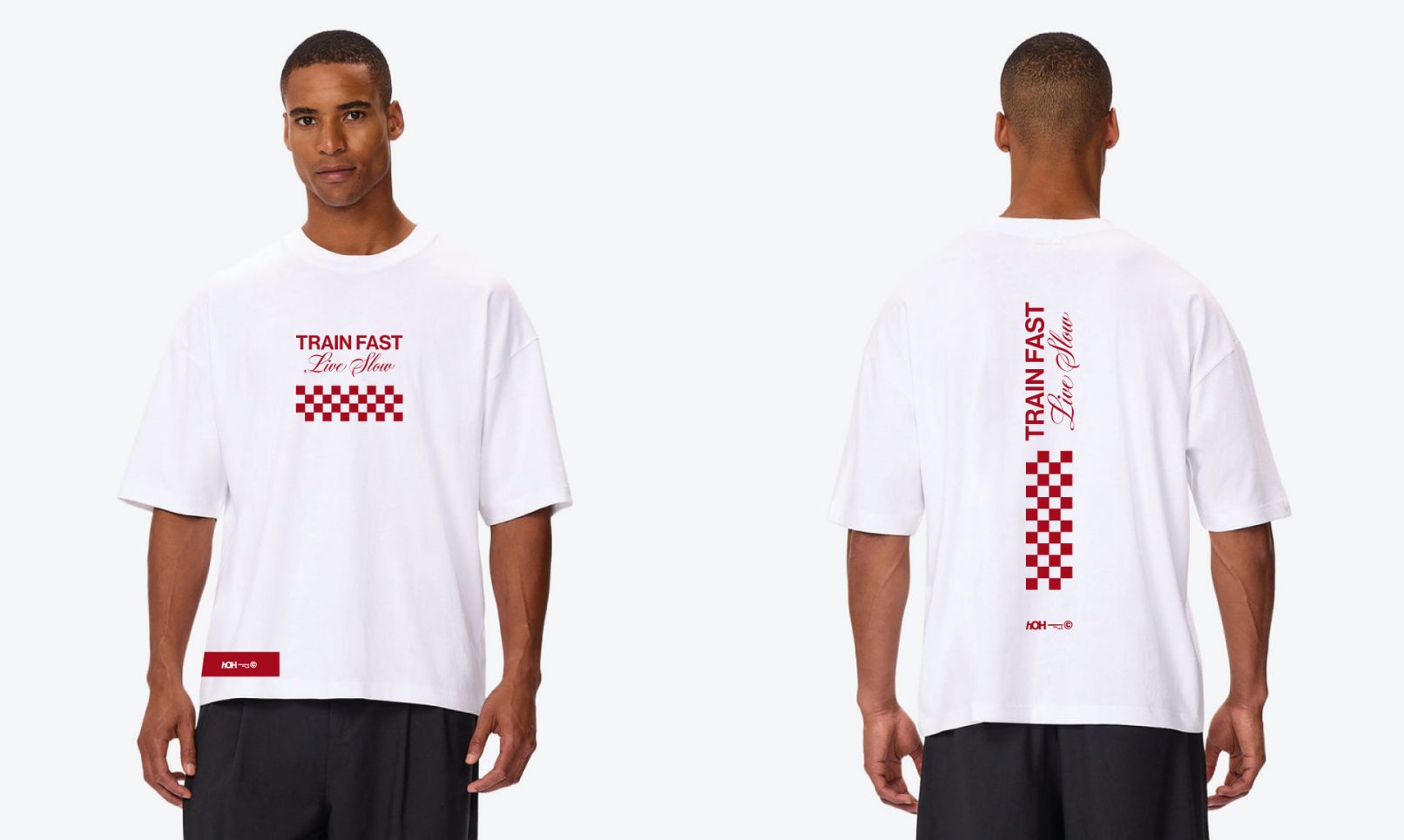 White t-shirt concept for CHANGE with bold red “TRAIN FAST, Live Slow” typography and a red checkered pattern on the front and back.