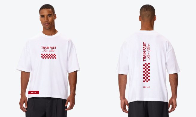 White t-shirt concept for CHANGE with bold red “TRAIN FAST, Live Slow” typography and a red checkered pattern on the front and back.