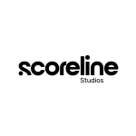 Bold black “Scoreline Studios” logo wordmark on a white background with modern sans typography and clean spacing throughout.