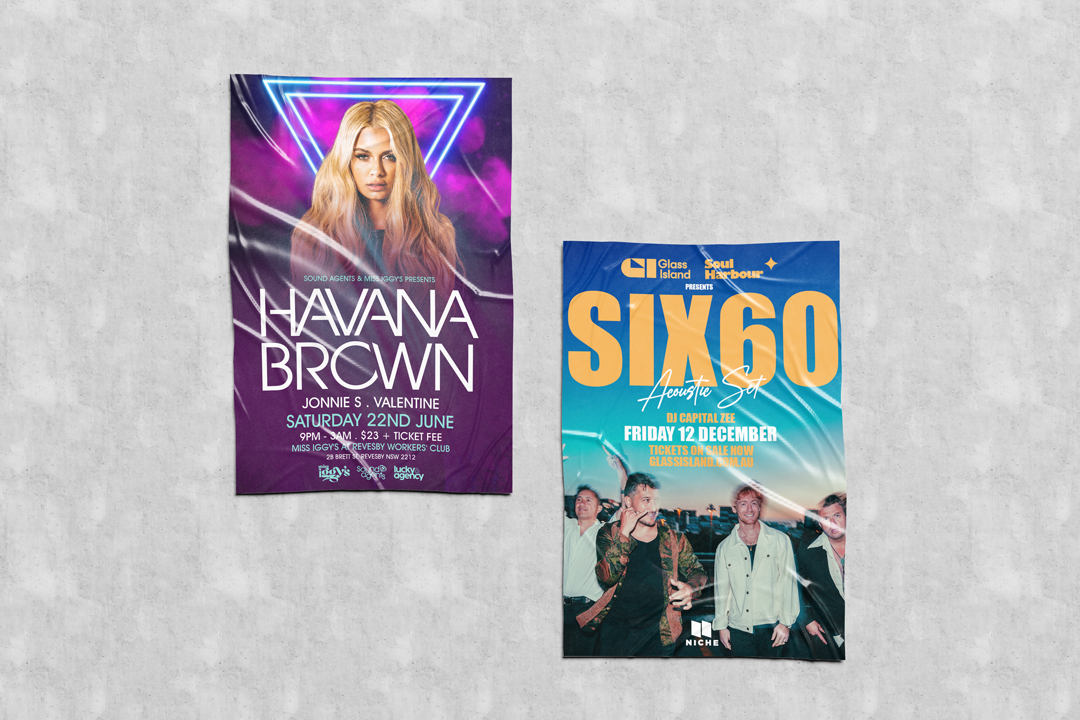 Two neon-lit event posters on a concrete wall: Havana Brown and Six60 flyers with purple and blue gradients, bold white/orange typography, and a modern urban design.