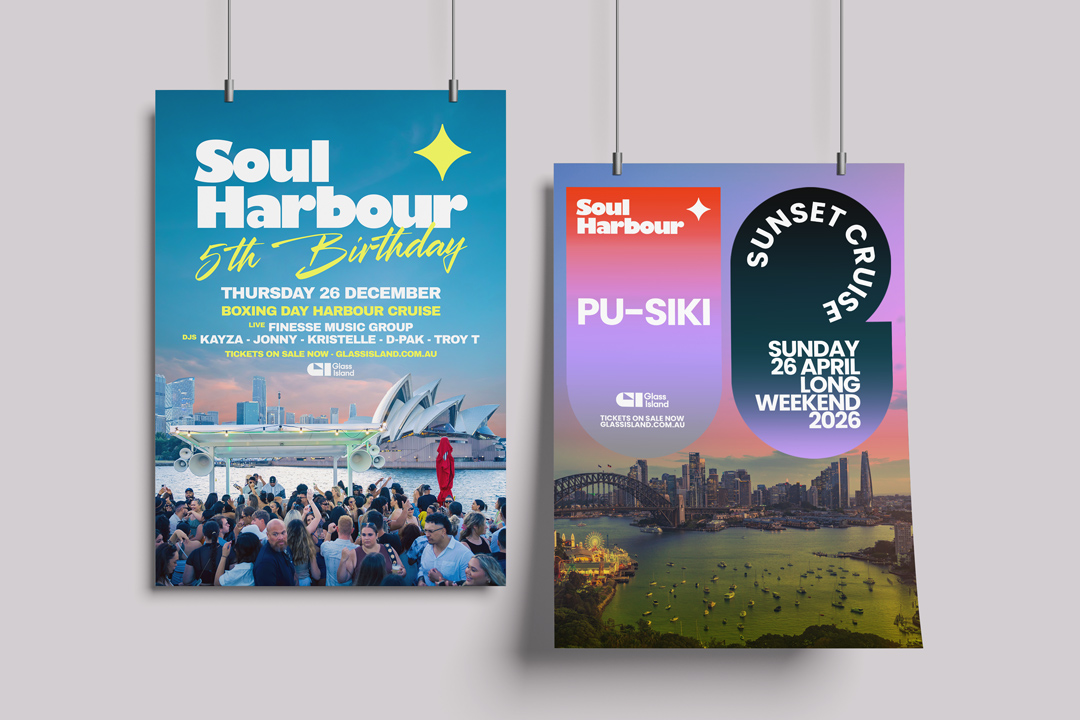 Soul Harbour birthday poster and PU-SIKI Sunset Cruise flyer by Glass Island on a bright blue gradient background with bold white typography and a distant skyline silhouette, plus a yellow star accent