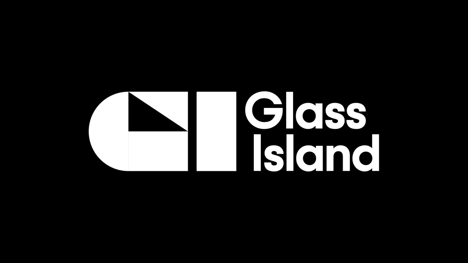 Glass Island logo on a black background with bold white geometric shapes forming the brand name Glass Island in large typography.