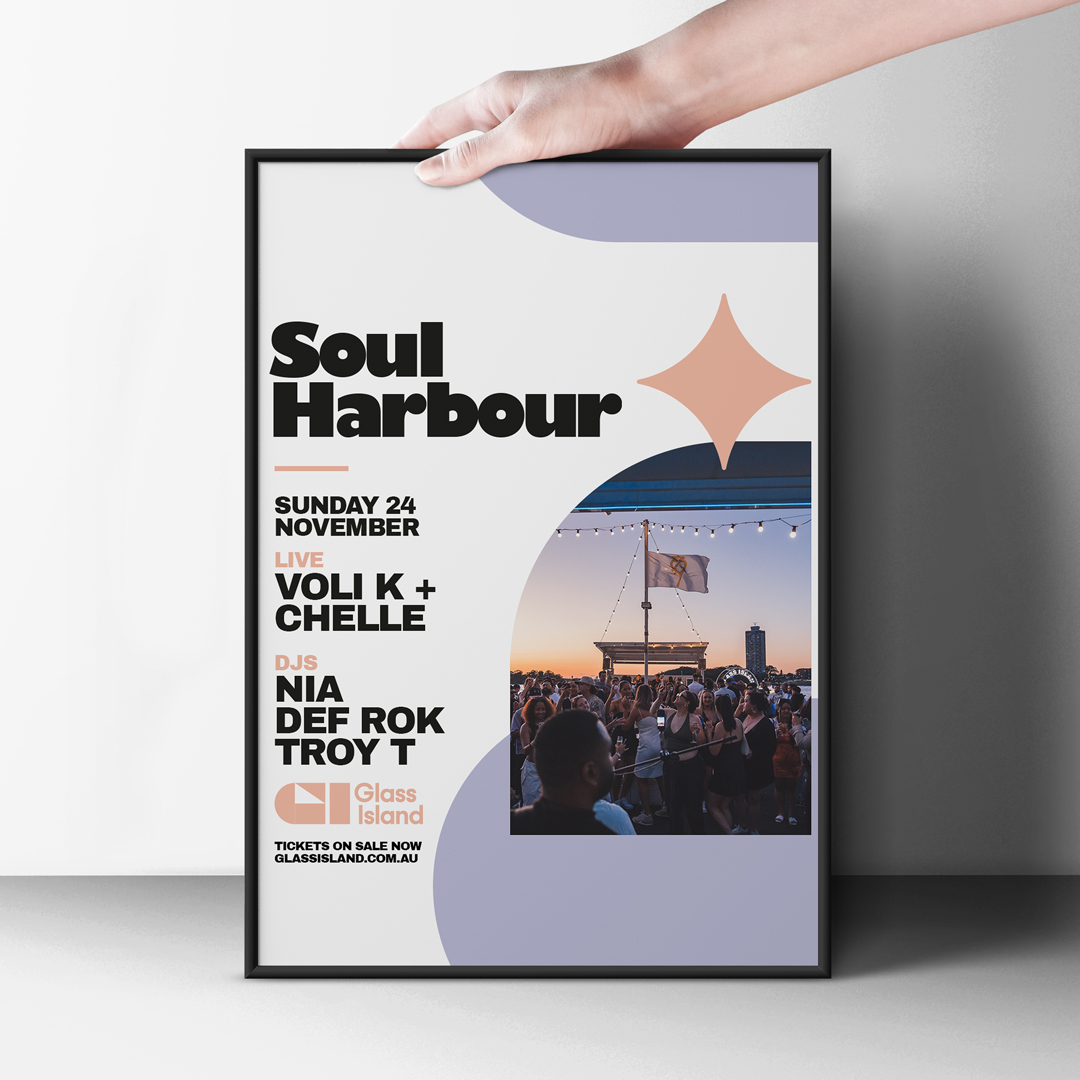 Glass Island poster for Soul Harbour with bold black typography, purple curved shapes, a peach star motif, and a photo of a crowd at sunset integrated on a light background.