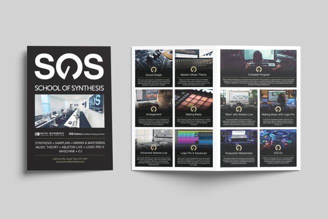 School of Synthesis booklet cover with bold SOS logo, white typography, and a collage-like two-page spread of course thumbnails and imagery