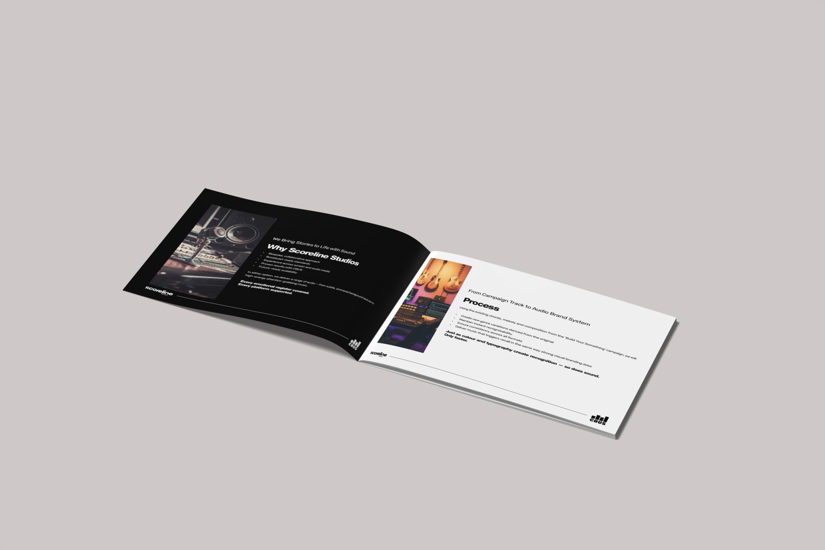 Scoreline Studios brochure spread with a black left page and a white right page, featuring images and descriptive text inside a curved open booklet.