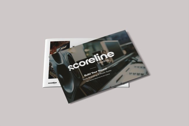 Scoreline Studios brand brochure with a glossy, dark montage of audio equipment and bold white Scoreline logo, conveying a modern branding aesthetic.