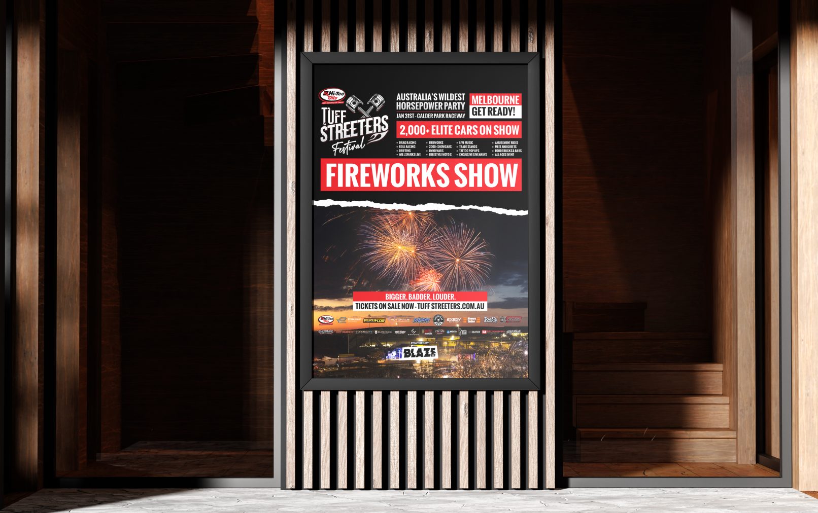 Tuff Streeters Festival Fireworks Show poster with bold FIREWORKS SHOW banner, red and white typography, nighttime skyline and sponsor logos, framed by a dark border