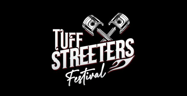 Tuff-Streeters logo with two crossed pistons, bold white typography on a black background, silver and red accents enhancing the letterforms.